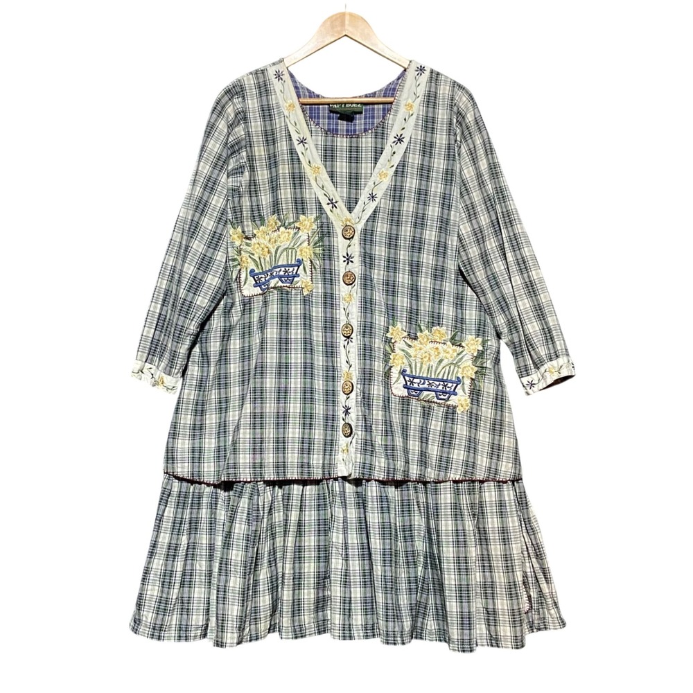 Papy Boez Vintage 90s Plaid Floral Embroidered Tiered Cotton Dress Women's M/L